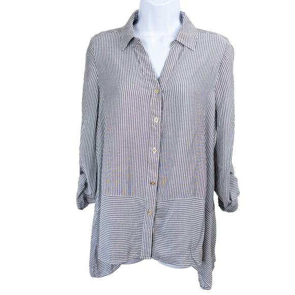 Jones New York Gray White Stripe Button Down Blouse, Small - Picture 1 of 7